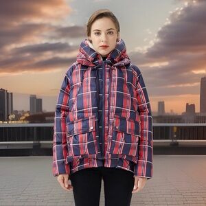 Orolay Women's Size S Thickened Plaid Print Multi Pockets Hooded Down Jacket.New